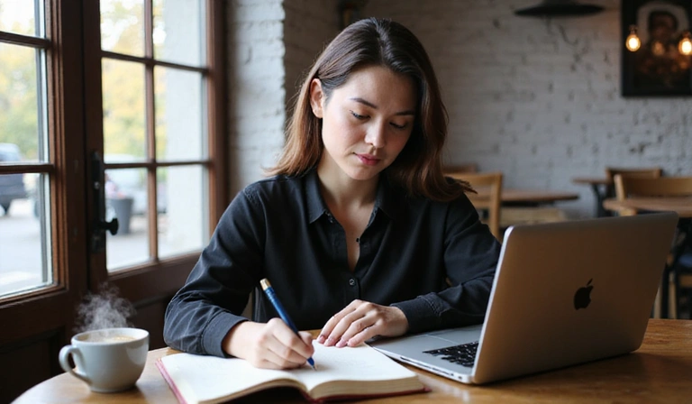 Business person journaling with coffee