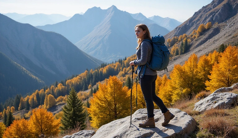 Business woman hiking in mountains