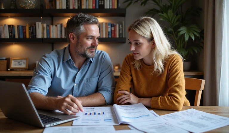 Couple discussing finances at home office