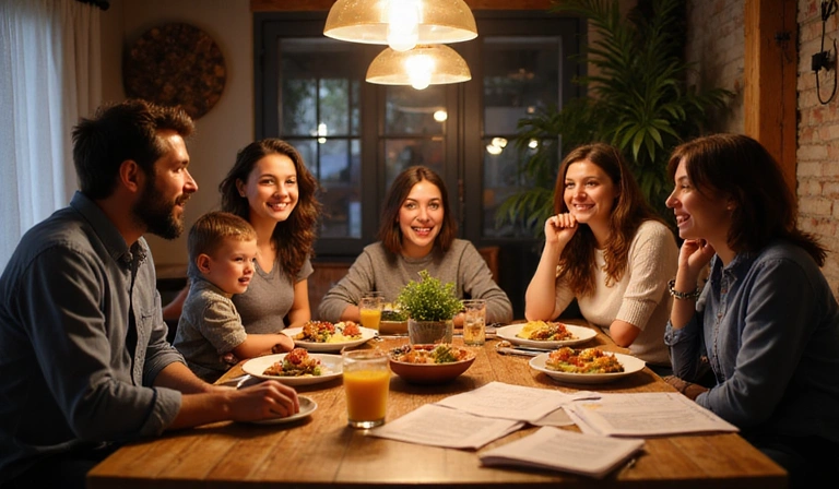 Family dinner with business documents