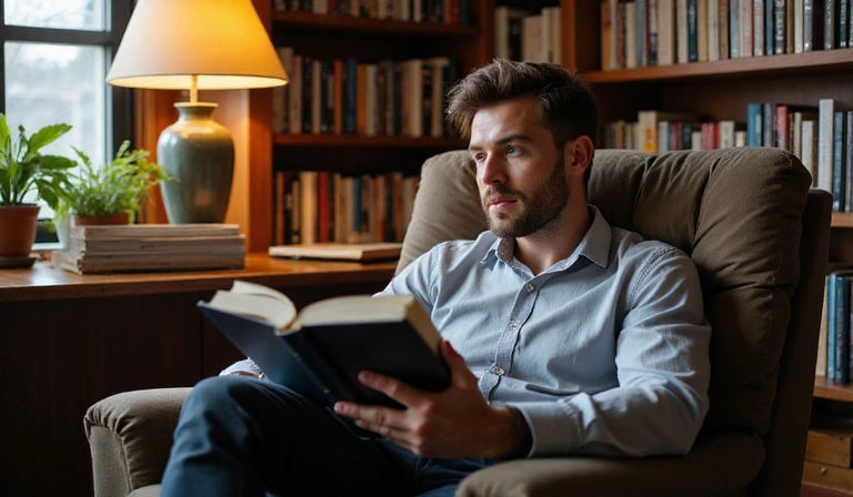 Person reading book in cozy home library
