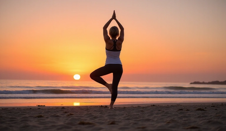 Person doing yoga at sunset on beach