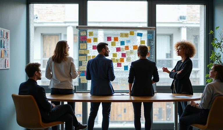 Team brainstorming in modern office