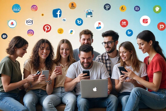People engaging with social media on various devices
