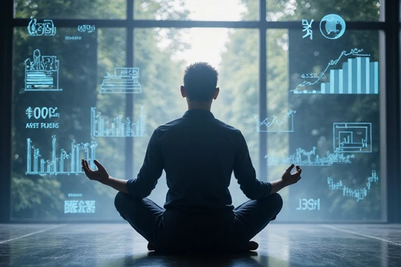 Person meditating with financial charts in background
