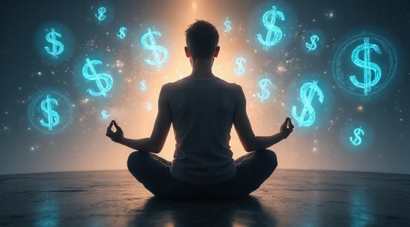 Person meditating with financial symbols