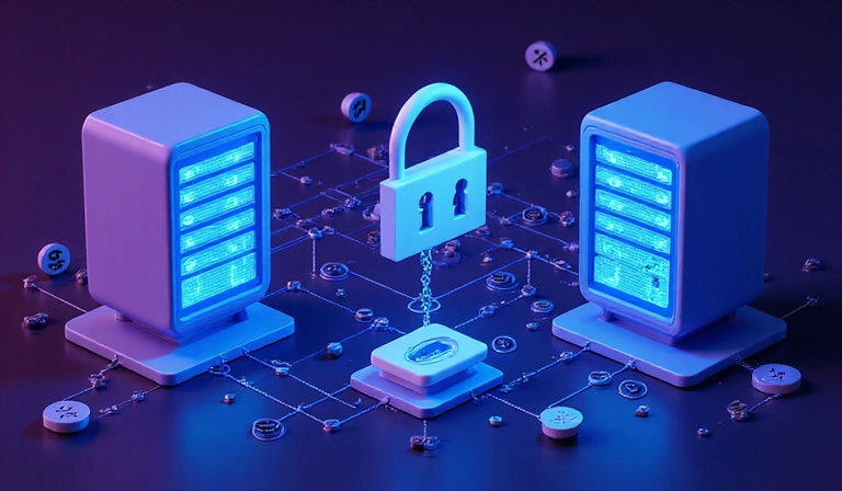 Data security illustration showing encrypted data transfer between secure servers