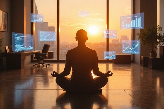 Person meditating with financial charts in background